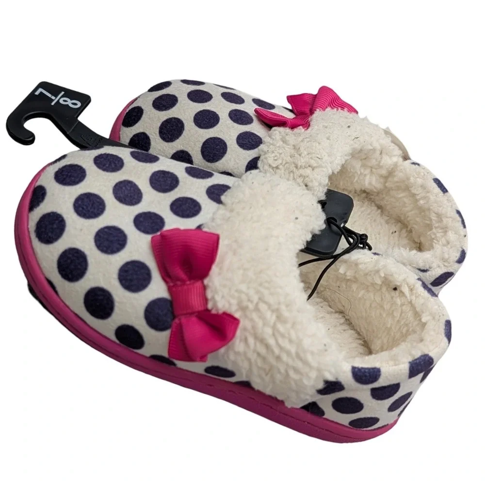 Wonder Nation Polka Dot Slippers Navy Pink Faux Fur Bow Size 7-8 Kids House Shoe